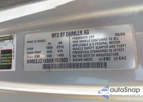 2008 Smart Fortwo Passion/Pure из США, поврежденный, VIN WMEEJ31X88K193905